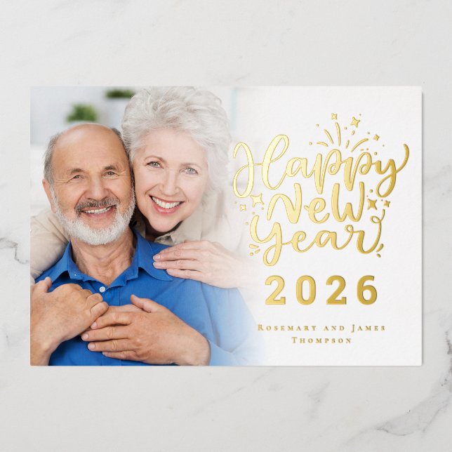 Photo Overlay Happy New Year 2026 Luxury Real Foil Holiday Card (Front)