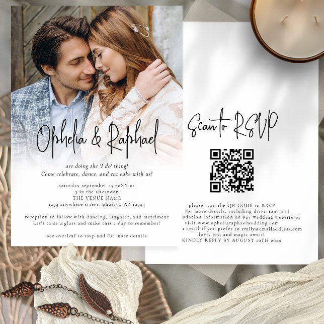 Photo Overlay Informal Script QR Code Boho Wedding Invitation (Front and back view)