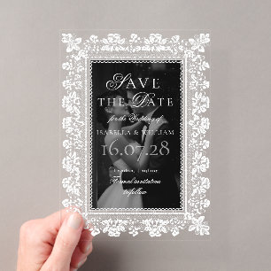 Photo Overlay Lace Black and white Save the Date Acrylic Invitations