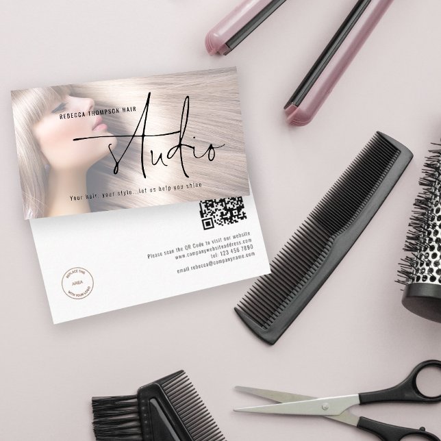 Photo Overlay Logo QR Code Hair Studio Business Card (Creator Uploaded)