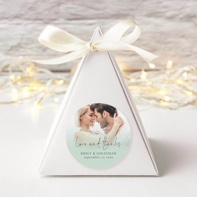 Photo Overlay Love Thanks Script Sage Wedding Classic Round Sticker (Creator Uploaded)