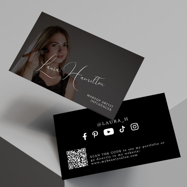 Photo overlay modern black QR code makeup artist  Business Card (Creator Uploaded)