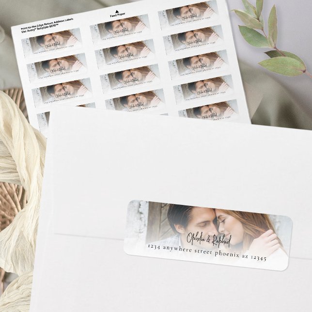 Photo Overlay Modern Script Return Address Wedding Label (Creator Uploaded)