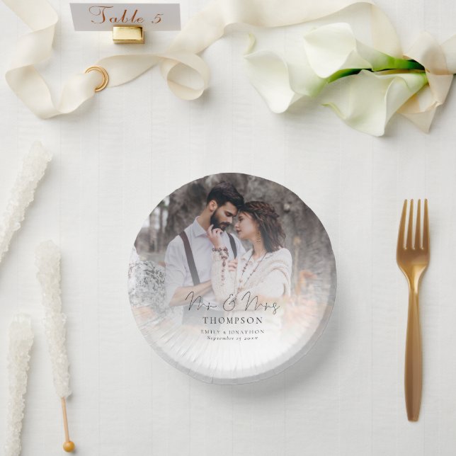 Photo Overlay Mr Mrs Script Names Date Wedding Paper Plate (Wedding)