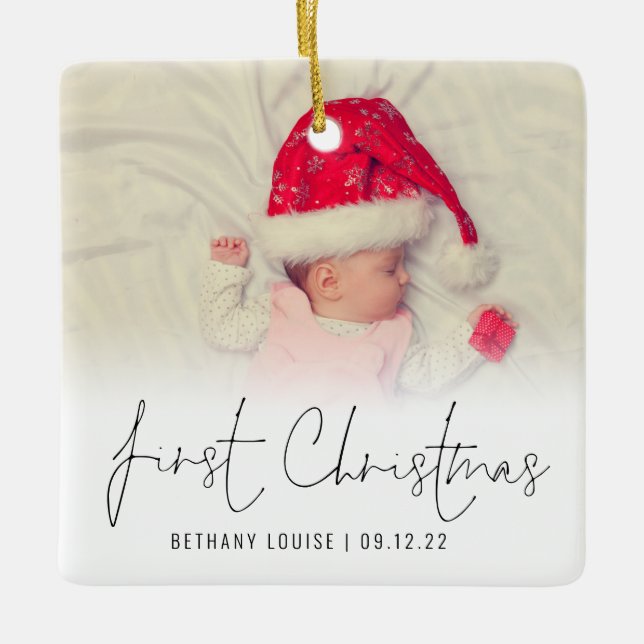 Photo Overlay Name Date Baby First Christmas Ceram Ceramic Ornament (Front)