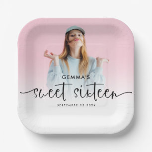 Photo Overlay Name Date Script Sweet Sixteen  Paper Plate