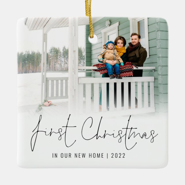 Photo Overlay Name Year First Christmas New Home  Ceramic Ornament (Front)