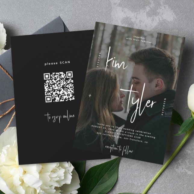 Photo overlay QR code RSVP names script wedding Invitation (Creator Uploaded)