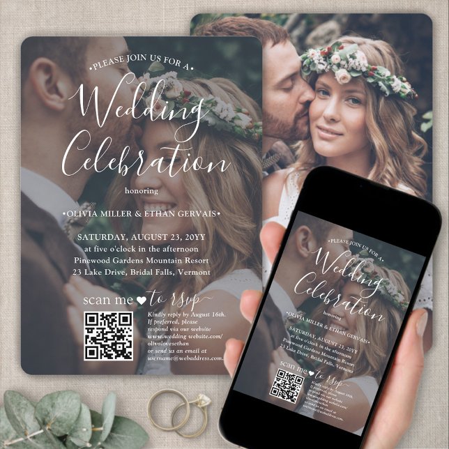 Photo Overlay QR Code RSVP White Script Wedding Invitation (Creator Uploaded)