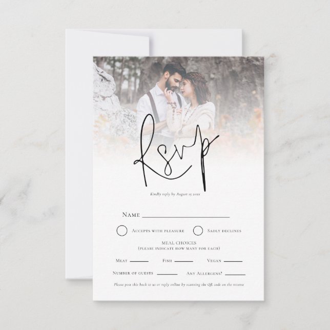 Photo Overlay QR Meal Choices Wedding RSVP  Card (Front)
