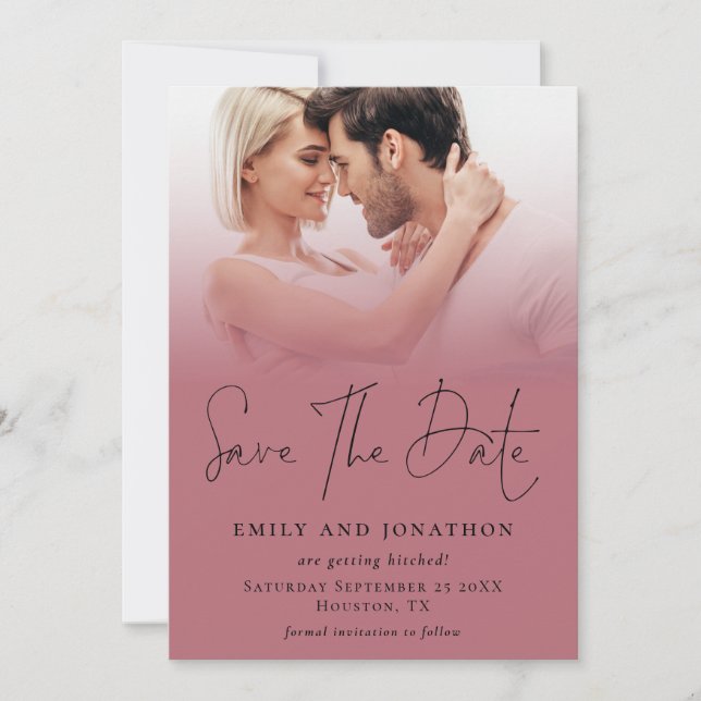 Photo Overlay QR Rose Gold Black Script Wedding Save The Date (Front)