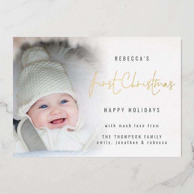 Photo Overlay Script Baby First Christmas Luxury Foil Holiday Card (Front)