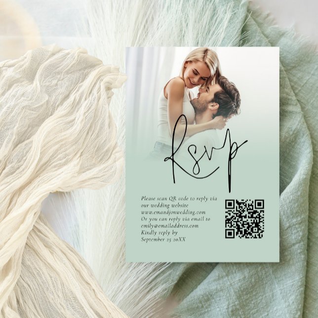 Photo Overlay Script QR Code Sage Wedding RSVP Enclosure Card (Creator Uploaded)