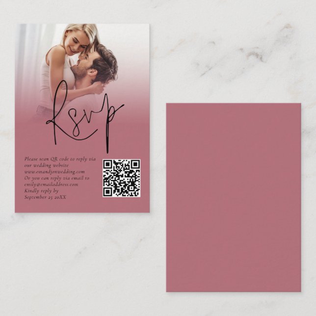 Photo Overlay Script QR Rose Gold Wedding RSVP Enclosure Card (Front/Back)