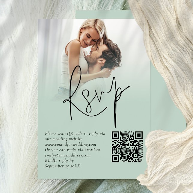 Photo Overlay Script QR Sage Wedding RSVP Card (Available printed or digitally)