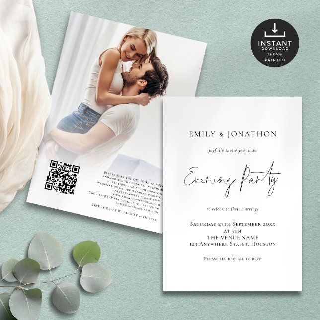 Photo Overlay Script QR Wedding Evening Party  Invitation (Front and back view)