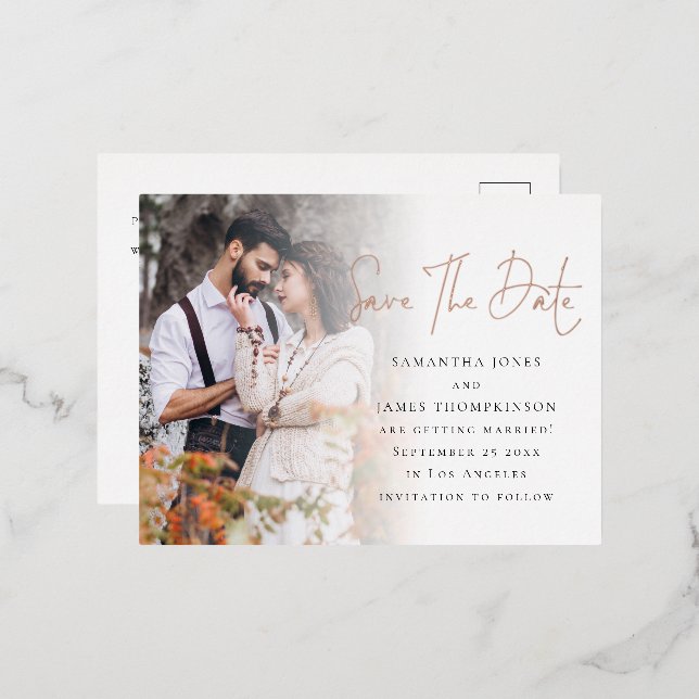  Photo Overlay Script Save The Date Real Foil Invitation Postcard (Front/Back)
