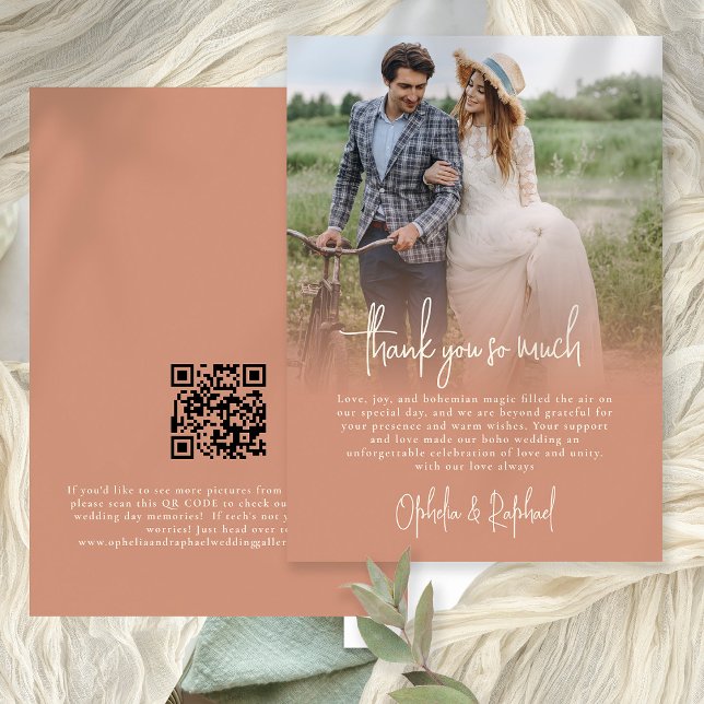 Photo Overlay Script Wedding Terracotta Thank You Card (Front and back view)