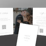 Photo overlay silver wedding RSVP details QR code  Tri-Fold Invitation<br><div class="desc">Modern simple minimal typography trendy faux silver typography white budget affordable all in one wedding invitation template with 2 custom photos, online rsvp, website, and details with scanning QR codes featuring a chic trendy calligraphy script and transparent dark overlay. Easy to personalise with one or two engagement photos (you can...</div>