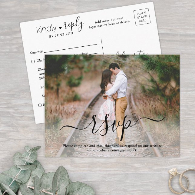 Photo Overlay Simple Elegant Script Wedding RSVP Invitation Postcard (Creator Uploaded)