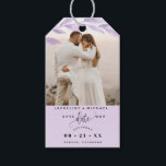 Photo, Pale Purple Leaves Wedding Save the Date Gift Tags<br><div class="desc">Delight your guests announcing your wedding date with a gift; they will love hearing the news and enjoy the nice detail! Photo gift tag with attractive watercolor purple lavender coloured leaves photo overlay on the top framing your photograph. Pale purple section on the bottom with modern hand written calligraphy details,...</div>