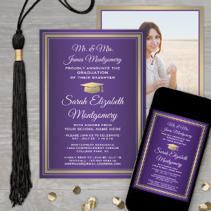 Photo & Parents Names Purple Gold Graduation Party Invitation