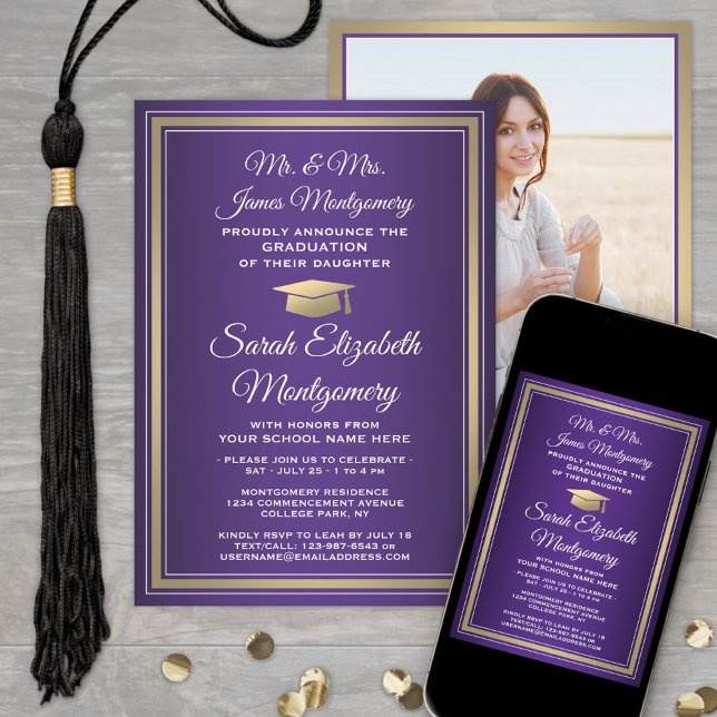 Photo & Parents Names Purple Gold Graduation Party Invitation (Creator Uploaded)