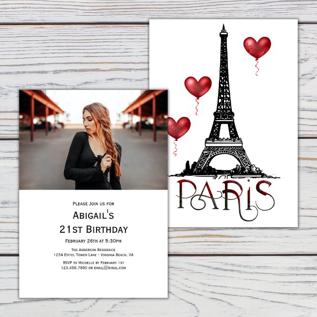 Photo Paris, Eiffel Tower, Red Balloons Birthday Invitation (Creator Uploaded)