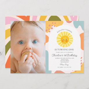 Photo Pastel Cute Sun Retro Wavy 1st Birthday Invitation