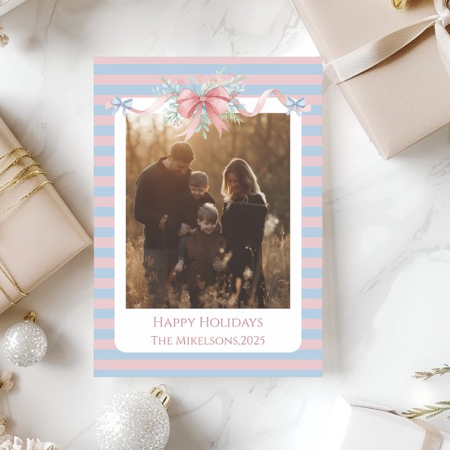 Photo Pastel Ribbon Pine Family Christmas Holiday Card (Creator Uploaded)