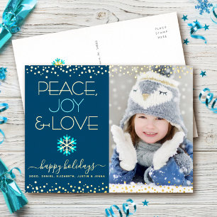 Photo Peace Joy Love Snowflake Navy Blue Real Gold Foil Holiday Postcard