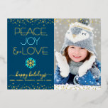 Photo Peace Joy Love Snowflake Navy Blue Real Gold Foil Holiday Postcard<br><div class="desc">“Peace, joy & love.” A fun, playful, real gold foil and turquoise blue snowflake illustration, real gold foil confetti dots, and real gold foil and turquoise modern typography on a navy blue background, along with the custom photo of your choice, help you usher in the holiday season. Your custom note,...</div>