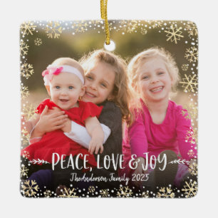 Photo Peace Love Joy Chic Gold Snowflake Christmas Ceramic Ornament