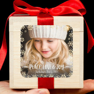 Photo Peace Love Joy Elegant Gold Snowflake Custom Square Sticker