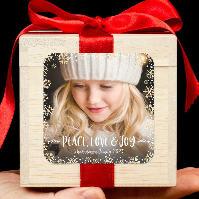 Photo Peace Love Joy Elegant Gold Snowflake Custom Square Sticker (Creator Uploaded)