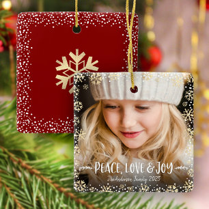 Photo Peace Love Joy Gold Snowflake Chic Christmas Ceramic Ornament