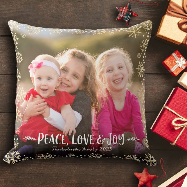 Photo Peace Love Joy Gold Snowflake Elegant Script Cushion (Creator Uploaded)