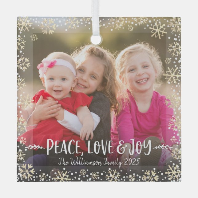 Photo Peace Love Joy Gold Snowflake Holiday Modern Glass Tree Decoration (Front)
