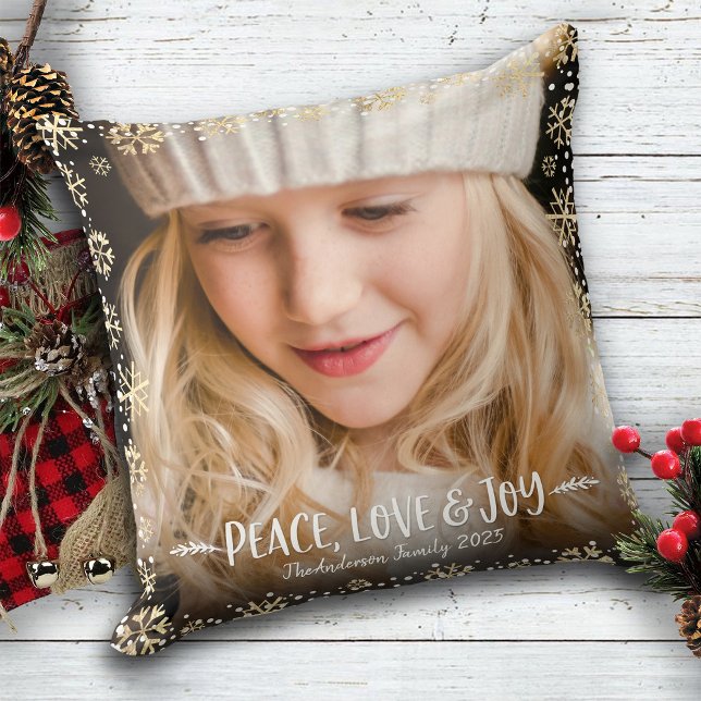 Photo Peace Love Joy Gold Snowflakes Bold Modern Cushion (Creator Uploaded)
