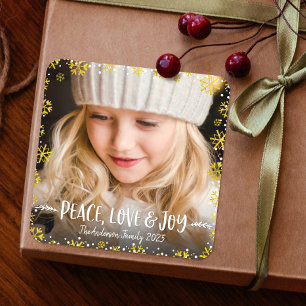 Photo Peace Love Joy Gold Snowflakes Modern Custom Square Sticker