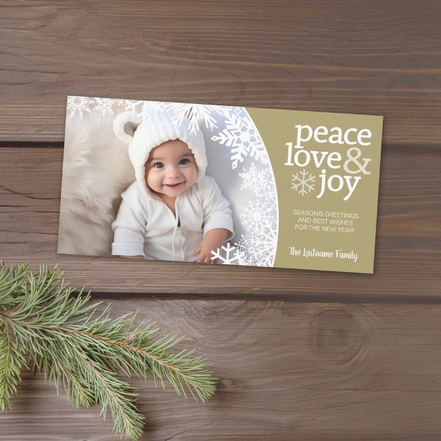 Photo - Peace Love Joy - gold white snowflakes Holiday Card (Add 1 photo to this minimal Christmas card with green and a modern script.)