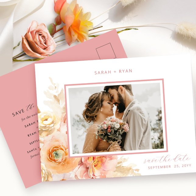 Photo Peach Blush and Coral Wedding Save the Date Announcement Postcard (Creator Uploaded)