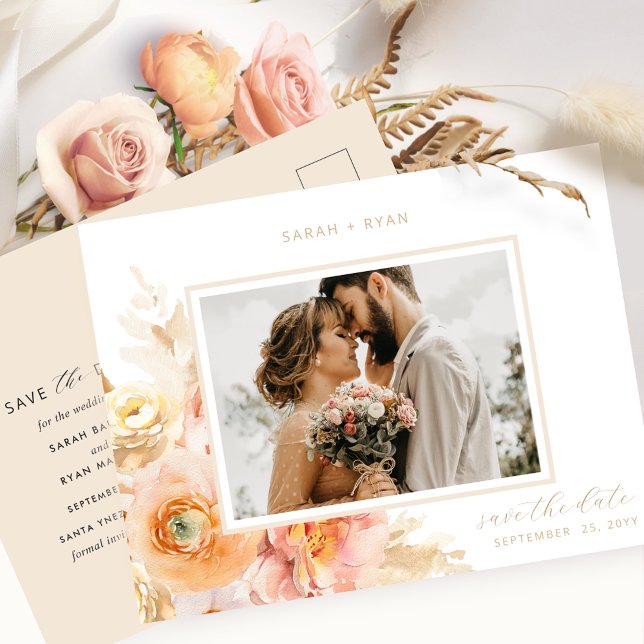 Photo Peach Blush and Cream Wedding Save the Date Announcement Postcard (Creator Uploaded)