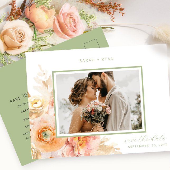 Photo Peach Blush and Green Wedding Save the Date Announcement Postcard (Creator Uploaded)