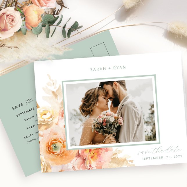 Photo Peach Blush and Sage Wedding Save the Date Announcement Postcard (Creator Uploaded)