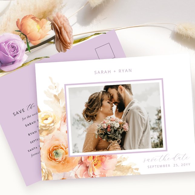Photo Peach Blush Lavender Wedding Save the Date Announcement Postcard (Creator Uploaded)