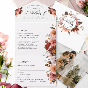Photo Peach, Burgundy Blush Wedding Tear Off RSVP All In One Invitation