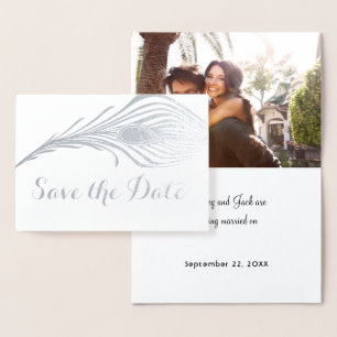Photo Peacock Save the Date Typography Silver Foil Card