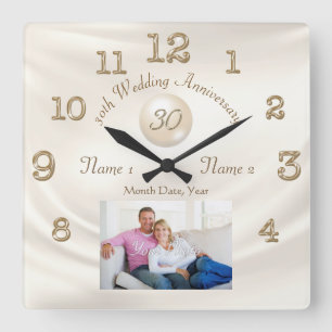 Photo Personalised, 30th Anniversary Gift, PEARL Square Wall Clock