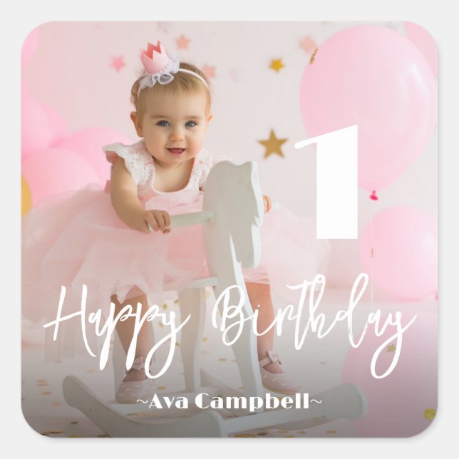 Photo Personalised Birthday Square Sticker (Front)